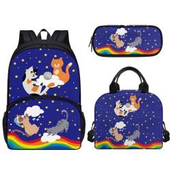 Pzuqiu Schüler-Rucksack für Kinder mit Lunchbox und Federmäppchen, 3-teiliges Set, 43,2 cm, Schultaschen für Jungen/Mädchen, Regenbogen-Katze von Pzuqiu