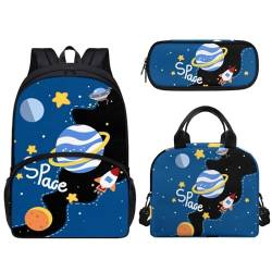 Pzuqiu Schüler-Rucksack für Kinder mit Lunchbox und Federmäppchen, 3-teiliges Set, 43,2 cm, Schultaschen für Jungen/Mädchen, Space Rocket von Pzuqiu