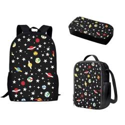 Pzuqiu Schüler-Rucksack für Kinder mit Lunchbox und Federmäppchen, 3-teiliges Set, Schultaschen für Grund- und Mittelschüler, Cartoon-Planet von Pzuqiu