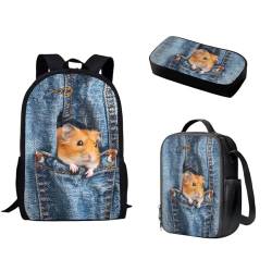 Pzuqiu Schüler-Rucksack für Kinder mit Lunchbox und Federmäppchen, 3-teiliges Set, Schultaschen für Grund- und Mittelschüler, Denim-Hamster von Pzuqiu