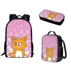 Pzuqiu Schüler-Rucksack für Kinder mit Lunchbox und Federmäppchen, 3-teiliges Set, Schultaschen für Grund- und Mittelschüler, Katze, niedlich von Pzuqiu