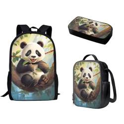 Pzuqiu Schüler-Rucksack für Kinder mit Lunchbox und Federmäppchen, 3-teiliges Set, Schultaschen für Jungen/Mädchen, Grundschule, Cartoon Panda von Pzuqiu