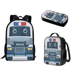 Pzuqiu Schüler-Rucksack für Kinder mit Lunchbox und Federmäppchen, 3-teiliges Set, Schultaschen für Jungen/Mädchen, Grundschule, Cartoon-Polizeiauto von Pzuqiu