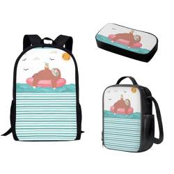 Pzuqiu Schüler-Rucksack mit Lunch-Tasche, Stiftebox für Kinder, Kindergarten, Grundschule, Mittelschule, Büchertasche für Teenager, 3 Stück, Meeresfaultier von Pzuqiu