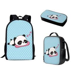 Pzuqiu Schulrucksack-Set, 3-teilig, Kinderrucksack mit Lunchbox und Federmäppchen für Grundschüler, Schulranzen-Set, Cartoon Panda von Pzuqiu