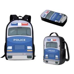 Pzuqiu Schulrucksack-Set, 3-teilig, Kinderrucksack mit Lunchbox und Federmäppchen für Grundschüler, Schulranzen-Set, Cartoon-Polizeiauto von Pzuqiu