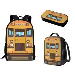 Pzuqiu Schulrucksack-Set, 3-teilig, Kinderrucksack mit Lunchbox und Federmäppchen für Grundschüler, Schulranzen-Set, Cartoon-Schulbus von Pzuqiu