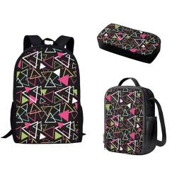 Pzuqiu Schulrucksack-Set, 3-teilig, Kinderrucksack mit Lunchbox und Federmäppchen für Grundschüler, Schulranzen-Set, Farbiges Dreieck von Pzuqiu