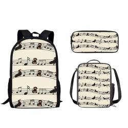 Pzuqiu Schulrucksack-Set, 3-teilig, Kinderrucksack mit Lunchbox und Federmäppchen für Grundschüler, Schulranzen-Set, Musiknote für Welpen von Pzuqiu