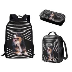 Pzuqiu Schulrucksack-Set, 3-teilig, Kinderrucksack mit Lunchbox und Federmäppchen für Grundschüler, Schulranzen-Set, Niedliche Hundestreifen von Pzuqiu