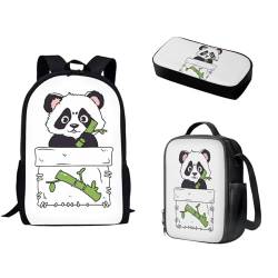 Pzuqiu Schulrucksack-Set, 3-teilig, Kinderrucksack mit Lunchbox und Federmäppchen für Grundschüler, Schulranzen-Set, Panda Bambus von Pzuqiu