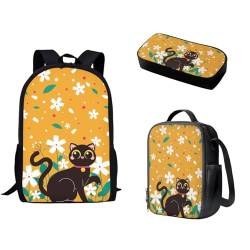 Pzuqiu Schulrucksack-Set, 3-teilig, Kinderrucksack mit Lunchbox und Federmäppchen für Grundschüler, Schulranzen-Set, schwarze katze von Pzuqiu