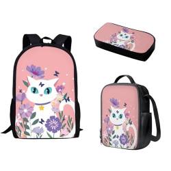 Pzuqiu Schulrucksack-Set, 3-teilig, Kinderrucksack mit Lunchbox und Federmäppchen für Grundschüler, Schulranzen-Set, weiße katze von Pzuqiu