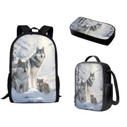 Pzuqiu Schulrucksack-Set, 3-teilig, Kinderrucksack mit Lunchbox und Federmäppchen für Grundschüler, Schulranzen-Set, wolf von Pzuqiu