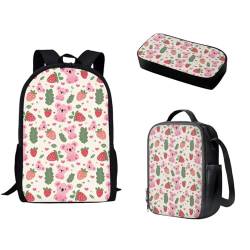 Pzuqiu Schulrucksack-Set, 3-teiliges Set, Cartoon-Rucksack, Vorschule, Mittelschüler, Schultaschen mit Lunchbox und Federmäppchen, Erdbeer-Koala von Pzuqiu