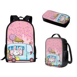 Pzuqiu Schulrucksack-Set, 3-teiliges Set, Cartoon-Rucksack, Vorschule, Mittelschüler, Schultaschen mit Lunchbox und Federmäppchen, Hasen-Eiscreme von Pzuqiu