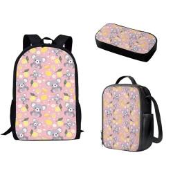 Pzuqiu Schulrucksack-Set, 3-teiliges Set, Cartoon-Rucksack, Vorschule, Mittelschüler, Schultaschen mit Lunchbox und Federmäppchen, Zitronen-Koala von Pzuqiu