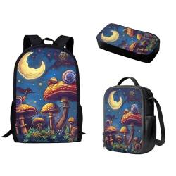 Pzuqiu Schulrucksack-Set, 3-teiliges Set, Cartoon-Rucksack, Vorschule, Mittelschüler, Schultaschen mit Lunchbox und Federmäppchen, mushroom von Pzuqiu