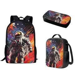 Pzuqiu Schulrucksack-Set für Kinder, Rucksack für Vorschule, Mittelschüler, Schultaschen mit Lunchbox und Federmäppchen, 3-teiliges Set, Astronaut von Pzuqiu