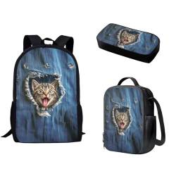 Pzuqiu Schulrucksack-Set für Kinder, Rucksack für Vorschule, Mittelschüler, Schultaschen mit Lunchbox und Federmäppchen, 3-teiliges Set, Denim Cat von Pzuqiu