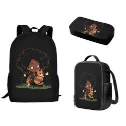 Pzuqiu Schultasche mit Lunchtasche und Federmäppchen, stilvoller Rucksack, elementar, Kinder, Büchertasche, 3-teiliges Set, Afrikanische Katze von Pzuqiu