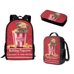 Pzuqiu Schultasche mit Lunchtasche und Federmäppchen, stilvoller Rucksack, elementar, Kinder, Büchertasche, 3-teiliges Set, Popcorn-Hund von Pzuqiu