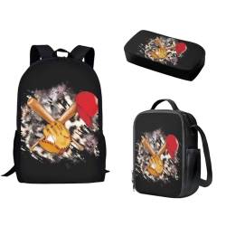 Pzuqiu Schultasche mit Lunchtasche und Federmäppchen, stilvoller Rucksack, elementar, Kinder, Büchertasche, 3-teiliges Set, baseball von Pzuqiu