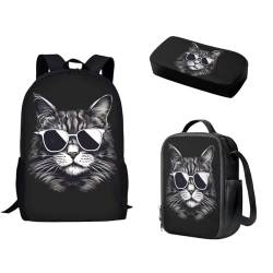 Pzuqiu Schultasche mit Lunchtasche und Federmäppchen für Mädchen/Jungen, Schüler-Rucksack, Elementar-Kinder, Büchertasche, 3-teiliges Set, Cool Cat von Pzuqiu