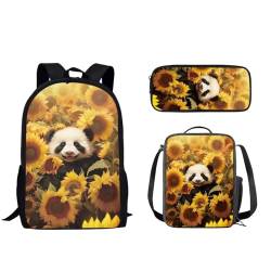 Pzuqiu Schultasche mit Lunchtasche und Federmäppchen für Mädchen/Jungen, Schüler-Rucksack, Elementar-Kinder, Büchertasche, 3-teiliges Set, Sonnenblumen-Panda von Pzuqiu