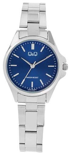 Q&Q Damen-Uhr Edelstahl Gliederarmband Faltschließe 3 Bar Analog Quarz (silberfarbig blau 1) von Q&Q