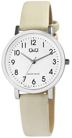 Q&Q Damen-Uhr Kunstleder Armband Dornschließe Datum 3 Bar Analog Quarz (Creme) von Q&Q