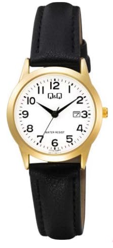 Q&Q Damen-Uhr Leder Armband Datum 3 Bar Analog Quarz (schwarz goldfarbig) von Q&Q