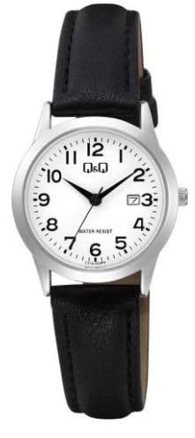 Q&Q Damen-Uhr Leder Armband Datum 3 Bar Analog Quarz (schwarz silberfarbig) von Q&Q