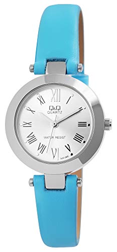 Q&Q Damenuhr Silber Blau Analog Metall Kunstleder Quarz Armbanduhr von Q&Q