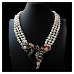 QAOUBJFV 3 Stränge kultivierte weiße Perle Zirkonia Pave Anhänger Statement Halskette 18 Zoll Ketten für Damen von QAOUBJFV