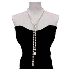 QAOUBJFV 8–9 mm nahezu runde Süßwasser-Zuchtperlen 40" lange Halskette weiße Keshi-Perle -Korn-Verbindungsstück Lariat-Halskette Ketten für Damen von QAOUBJFV
