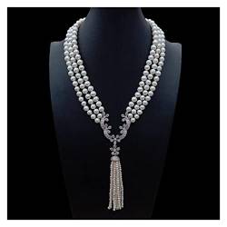 QAOUBJFV Luxuriöse natürliche 3-Strang-Süßwasser-Kultivierungsperlen-Halskette mit weißen Zirkonia-Pflasteranhänger for die Hochzeit Ketten für Damen von QAOUBJFV