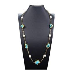 QAOUBJFV Schmuck 32 Zoll natürliche weiße Keshi-Perlen-blauer Türkis-Stein-gelbe lange Halskette for Frauen erfüllen Ketten für Damen von QAOUBJFV