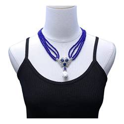 QAOUBJFV Schmuck 4-reihige blaue Jade-Halskette kultivierter weißer Keshi-Perlen-Anhänger handgefertigt for Frauen erfüllen Ketten für Damen von QAOUBJFV