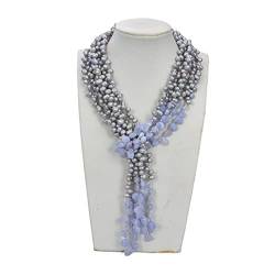 QAOUBJFV Schmuck 49 Zoll 3 Stränge Natural Grey Pearl Blue Chalcedon Achat Lange Halskette erfüllen Ketten für Damen von QAOUBJFV