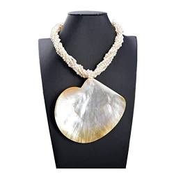 QAOUBJFV Schmuck 7 Reihen natürliche weiße Keshi-Perlen-große Muschel-Anhänger-Halskette erfüllen Ketten für Damen von QAOUBJFV