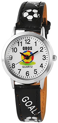 QBOS Kinder – Uhr Lederimitat Armbanduhr Fußball Dornschließe Analog Quarz 4900001 von QBOS
