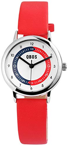 QBOS Kinderuhr Weiß Rot Blau Analog Metall Leder Armbanduhr von QBOS