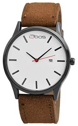 Qbos Herrenuhr Weiß Braun Schwarz Analog Datum Metall Kunstleder Quarz Armbanduhr von QBOS