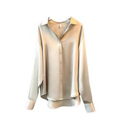 Blusen Damen, Damen Casual Tops Shirts Bluse Temperament Schlicht Satin V-Ausschnitt Shirt Tops Elegante Langarm Button-Down-Blusen Büroarbeitsblusen Tops Für Damen Mädchen,Champagner,XXL von QCJQSH