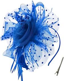 Damen Fascinator Hut Blume Mesh Federn Clip Kopfschmuck Haarschmuck für Party Kirche Hochzeit Cocktail Jockey Club (Blau) von QDC