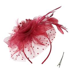 Damen Fascinator Hut Blume Mesh Federn Clip Kopfschmuck Haarschmuck für Party Kirche Hochzeit Cocktail Jockey Club (Burgundy) von QDC