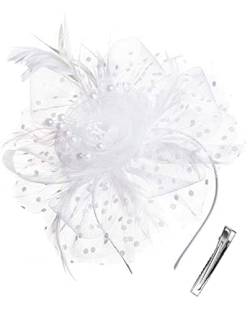 Damen Fascinator Hut Blume Mesh Federn Clip Kopfschmuck Haarschmuck für Party Kirche Hochzeit Cocktail Jockey Club (Weiß) von QDC