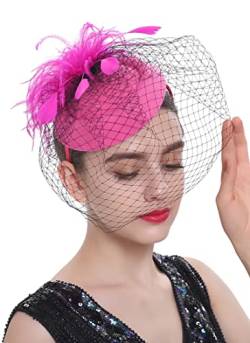 Damen Feder Fascinator Haarklammer Hochzeit Cocktail Netzschleier Elegant Haarclip Haarreif Mini-Hut Kopfbedeckung (Rosa) von QDC