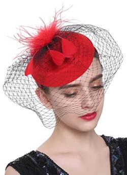 Damen Feder Fascinator Haarklammer Hochzeit Cocktail Netzschleier Elegant Haarclip Haarreif Mini-Hut Kopfbedeckung (Rot) von QDC